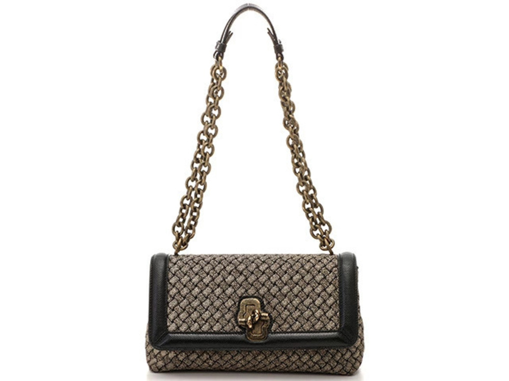 BOTTEGA VENETA Shoulder Bag Olympia Chain Bronze Brown Black Canvas Calfskin